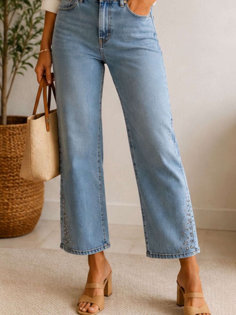 Melanie Lyne Light Wash Embellished Hem Jeans | Size 12 | Sparkle Detail